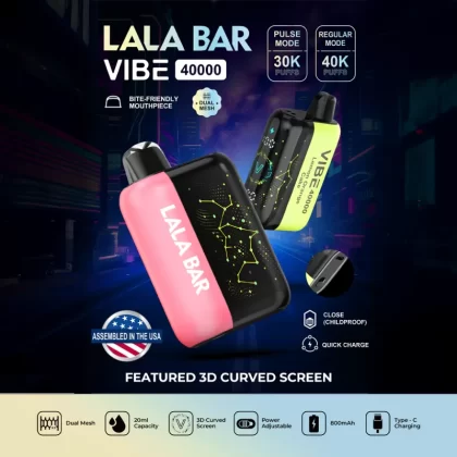 Assembled in USA | LALA BAR Vibe 40K Puff Disposable Device - TEXAS COMPLIANT VERSION - White Peach Raspberry