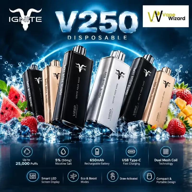 IGNITE V250 Disposable Vape 25K PUFFS in Dubai UAE - Aloe Grape Ice, Blueberry Ice; Vape Product, Box of 10 Pcs