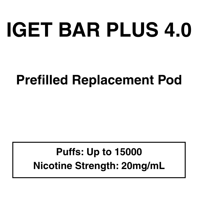 IGET Bar Plus 4.0 – Prefilled Replacement Pod – 20mg/mL Nicotine – Up to 15000 Puffs – 1 Pod - Vapeys Co Nz