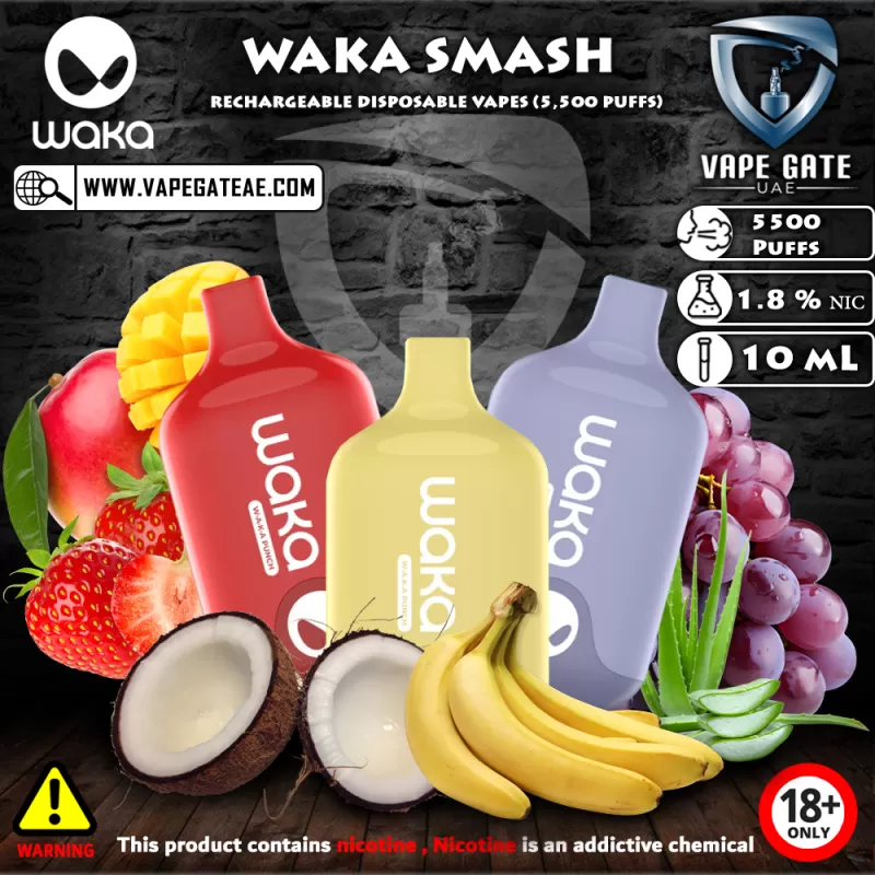 WAKA SMASH RECHARGEABLE DISPOSABLE VAPES (5,500 PUFFS) - 1.8 mg (18mg) / Banana Coconut