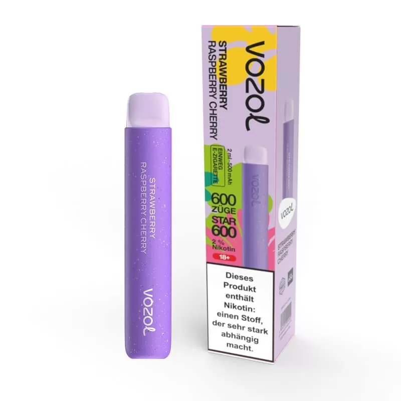 Vozol Star 600 – Strawberry Raspberry Cherry - Vozol / Kirsche / Himbeere / Propylenglykol / pflanzliches Glycerin / Aromastoffe / Nikotinsalz / 500 mAh / 20mg/ml / ca. 600