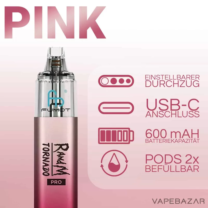 Fumot RandM Tornado Pro – Pink - Pod Kit / Fumot / 600 mAh / 8ml / USB-C - Image 2