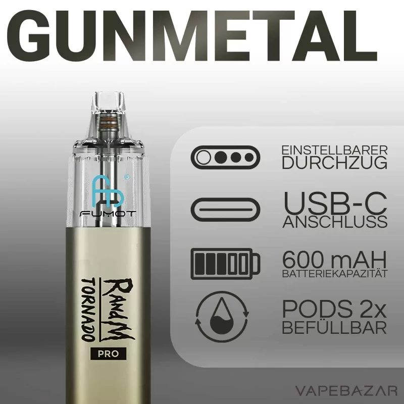 Fumot RandM Tornado Pro – Gunmetal - Pod Kit / Fumot / 600 mAh / 8ml / USB-C - Image 2