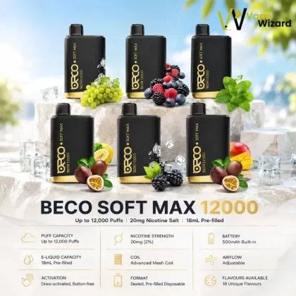 Beco Soft Max 12000 Puffs 20mg Disposable Vape - Blueberry Ice, Blueberry Raspberry; Vape Product, Box of 10 Pcs