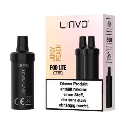 Linvo Pod Lite Cartridge – Juicy Peach Prefilled Liquid Pod – 2er Pack - Linvo Pod Lite / Pfirsich / pflanzliches Glycerin / Aromastoffe / Nikotin / Propylenglykol / ca. 600 / 20mg/ml