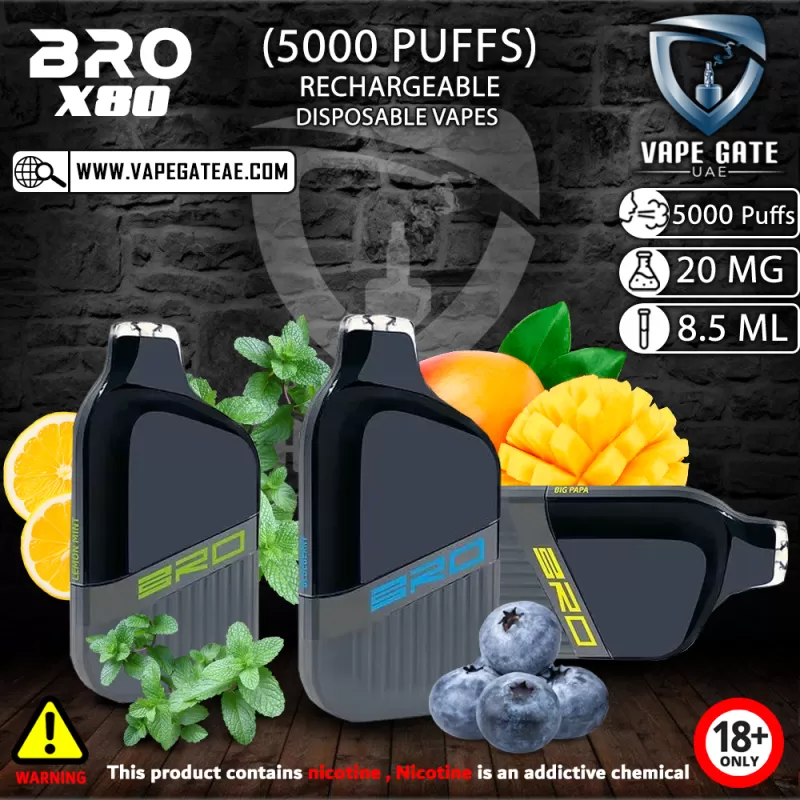BRO X08 RECHARGEABLE DISPOSABLE VAPES (5000 PUFFS) - 20 mg / Lemon Mint