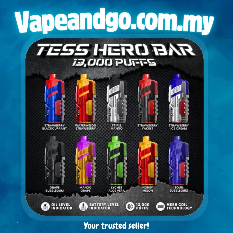 Tess Hero Bar 13K Puff Disposable Vape (BUY 10 FREE 2) - Vapeandgo Com My