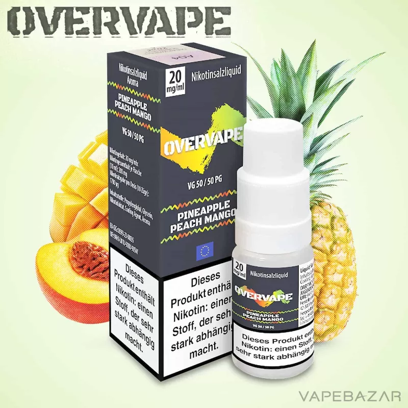 Overvape Nikotinsalz Liquid – Pineapple Peach Mango - Nikotinfrei, 10mg/ml; Glycerin, Cooling Agent