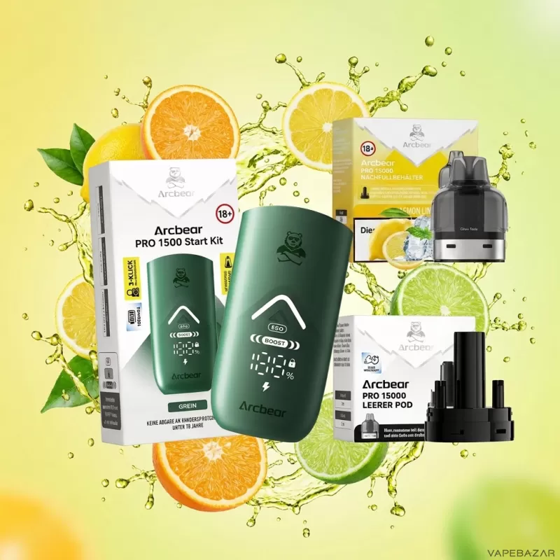 Arcbear Pro 15000 Starterkit – Lemon Lime 20mg/ml Nikotin - Zitrone / Limette / 20mg/ml / bis zu 15000 / USB-C / 1000 mAh / 10 ml / Dual-Mesh / ECO 12 W / BOOST 20 W