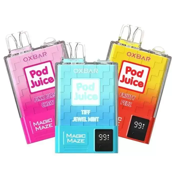 OXBar X Pod Juice Magic Maze Pro Vape - Pack Count#Single Pack~Flavor#Bubble Melon>Fruity Pebz>Pink Burst Chew>Tiff Jewel Mint>Watermelon Zkittlz>Clear Emerald>Clear Jewel>Clear Sapphire>Jew