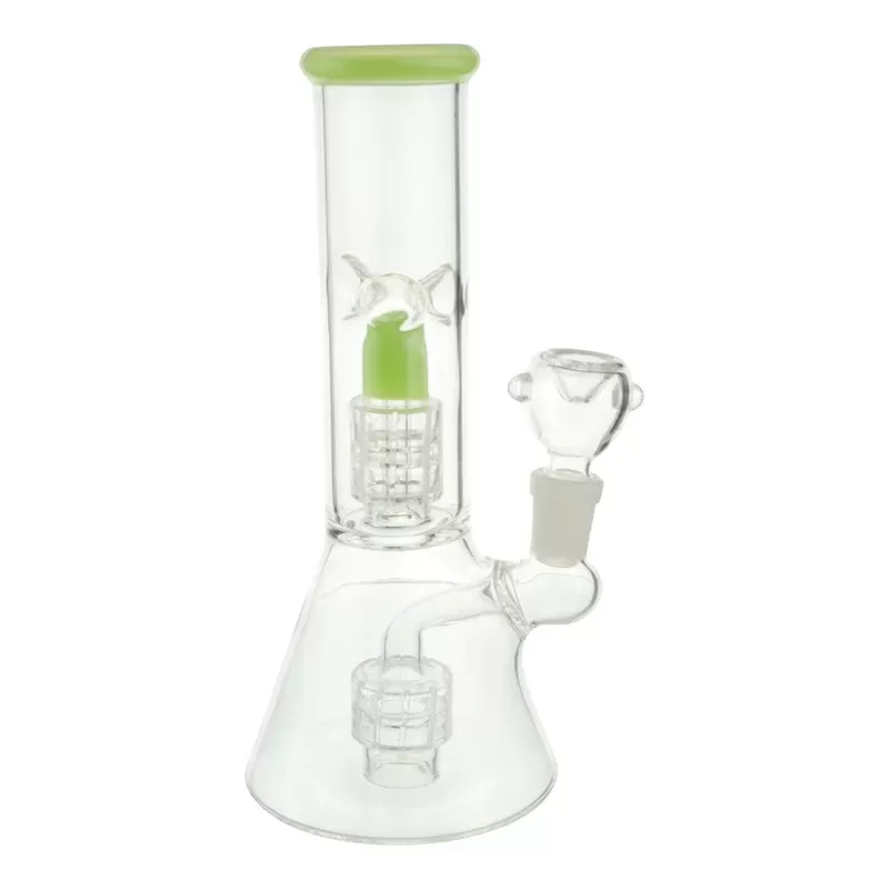 Color Tip Double Matrix Beaker Bong – 8 inches - Color#Green>Purple